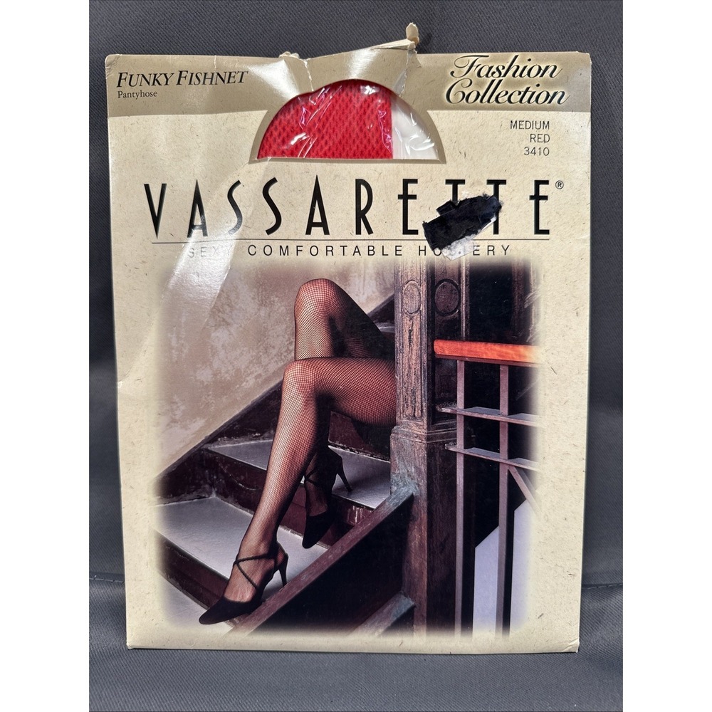 Vintage Vassarette Funky Fishnet pantyhose Medium RED 3410 NOS Nylon Italy